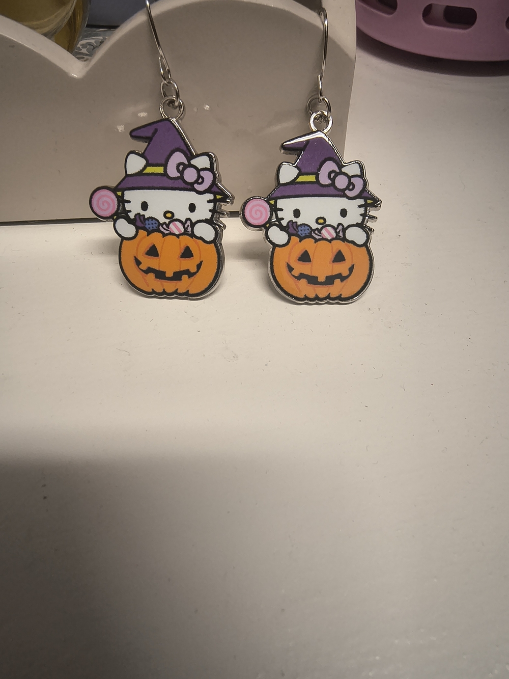 Sanrio Hello Kitty Halloween Cat & Pumpkin Dangle Earrings — Purple & Orange